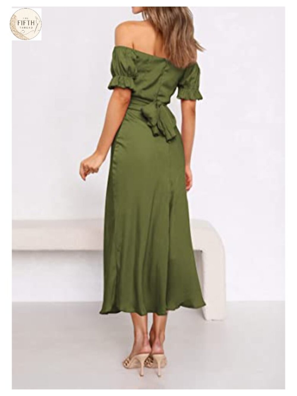 Satin Off Shoulder Midi Dress Puff Sleeve Formal Wedding Guest Cocktail - Picture 4 of 5